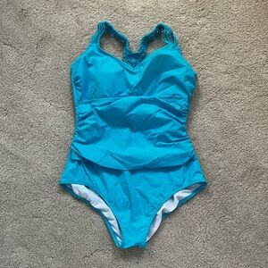 NWOT Profile by Gottex Macrame Ruched One Piece - Light Turquoise - Size 12